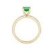 Round-cut emerald green gemstone solitaire ring in a yellow gold surprise diamond setting.