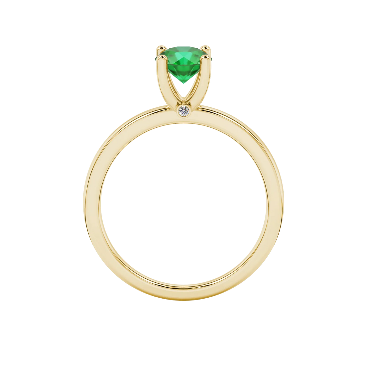Round-cut emerald green gemstone solitaire ring in a yellow gold surprise diamond setting.