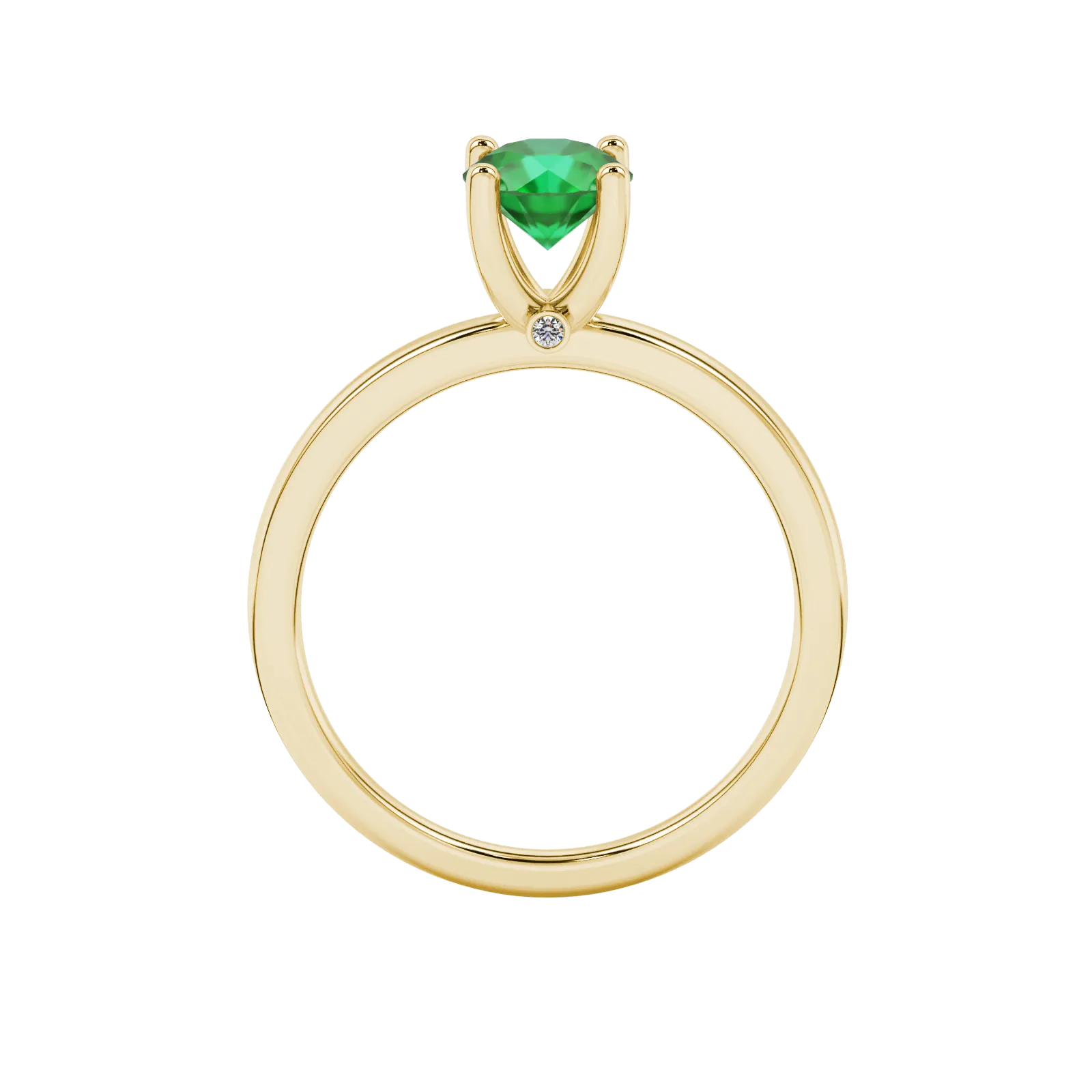 Round-cut emerald green gemstone solitaire ring in a yellow gold surprise diamond setting.