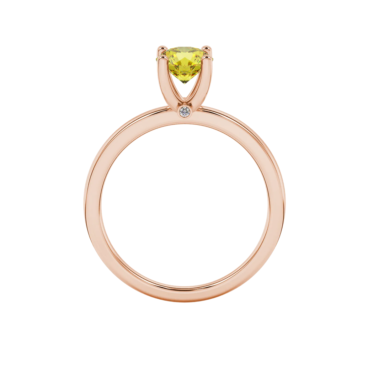 Round-cut canary yellow gemstone solitaire ring in a rose gold surprise diamond setting.