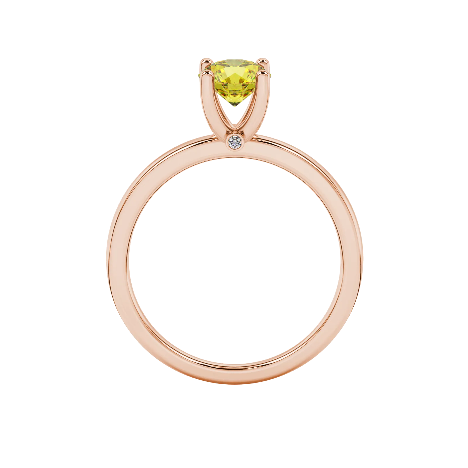 Round-cut canary yellow gemstone solitaire ring in a rose gold surprise diamond setting.