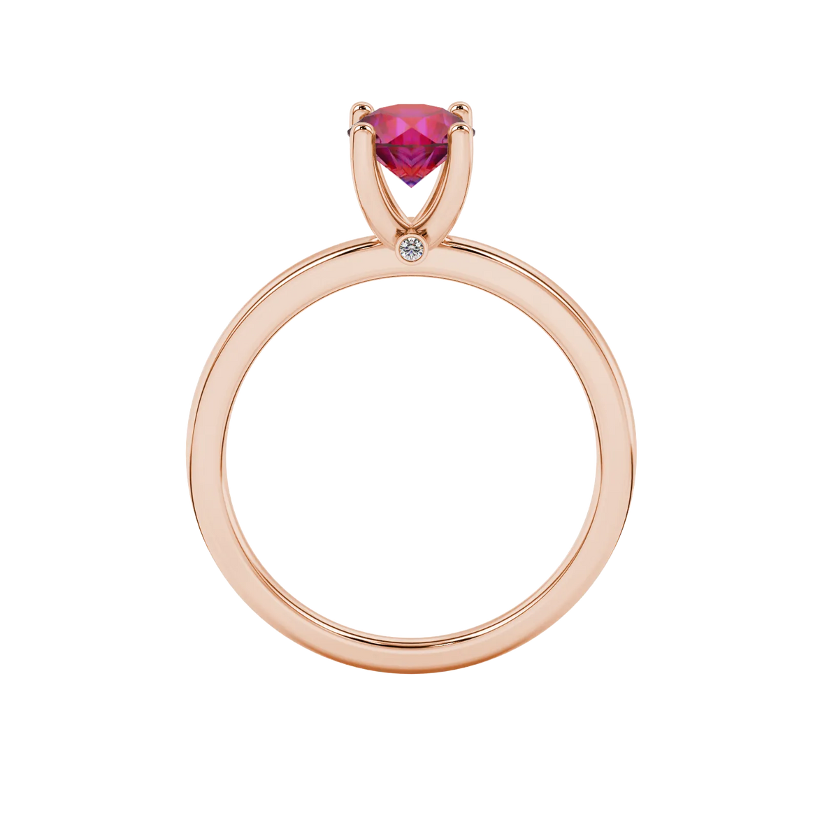 Round-cut raspberry red gemstone solitaire ring in a rose gold surprise diamond setting