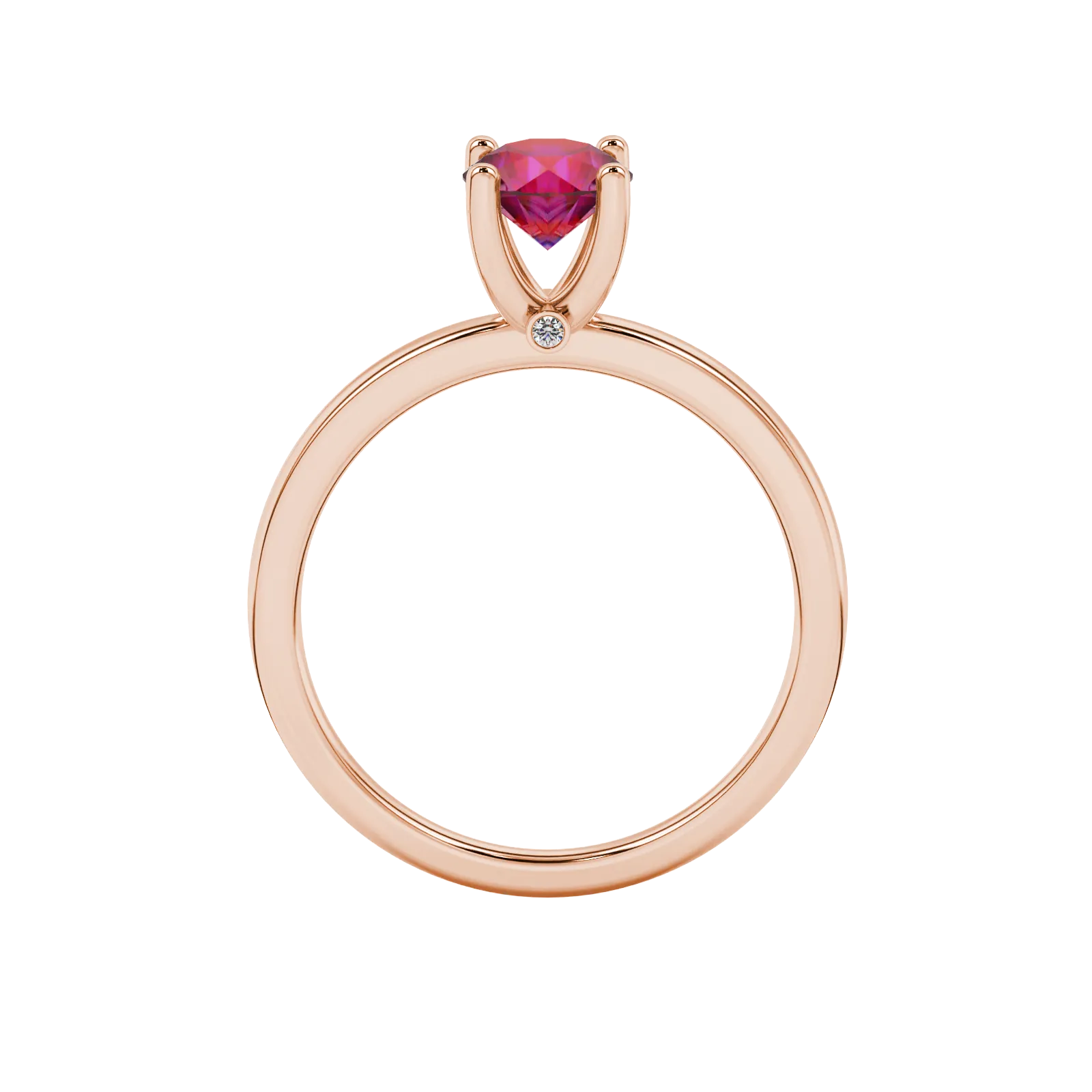Round-cut raspberry red gemstone solitaire ring in a rose gold surprise diamond setting