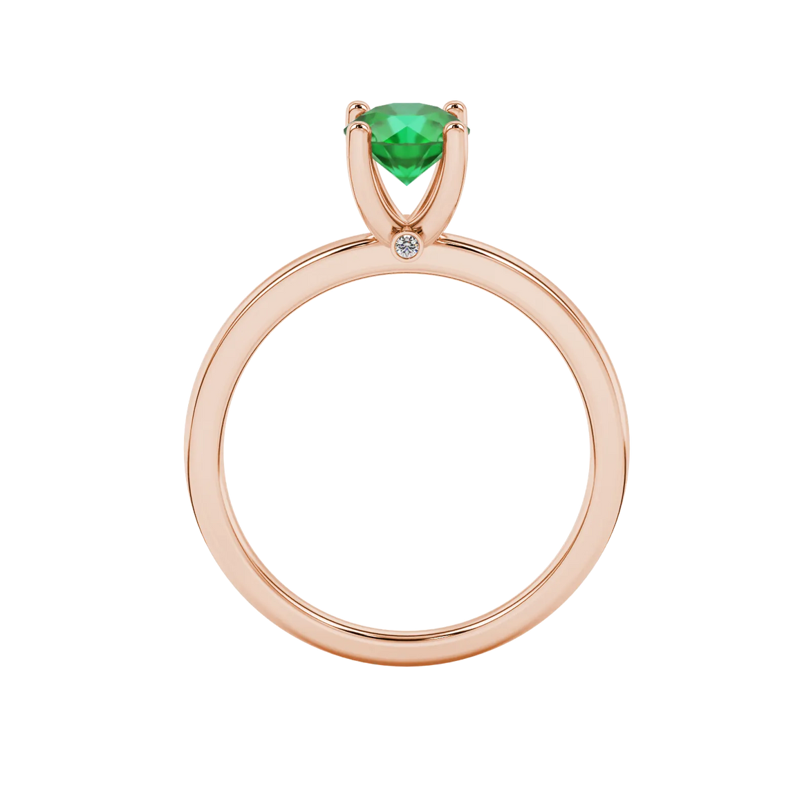 Round-cut emerald green gemstone solitaire ring in a rose gold surprise diamond setting.