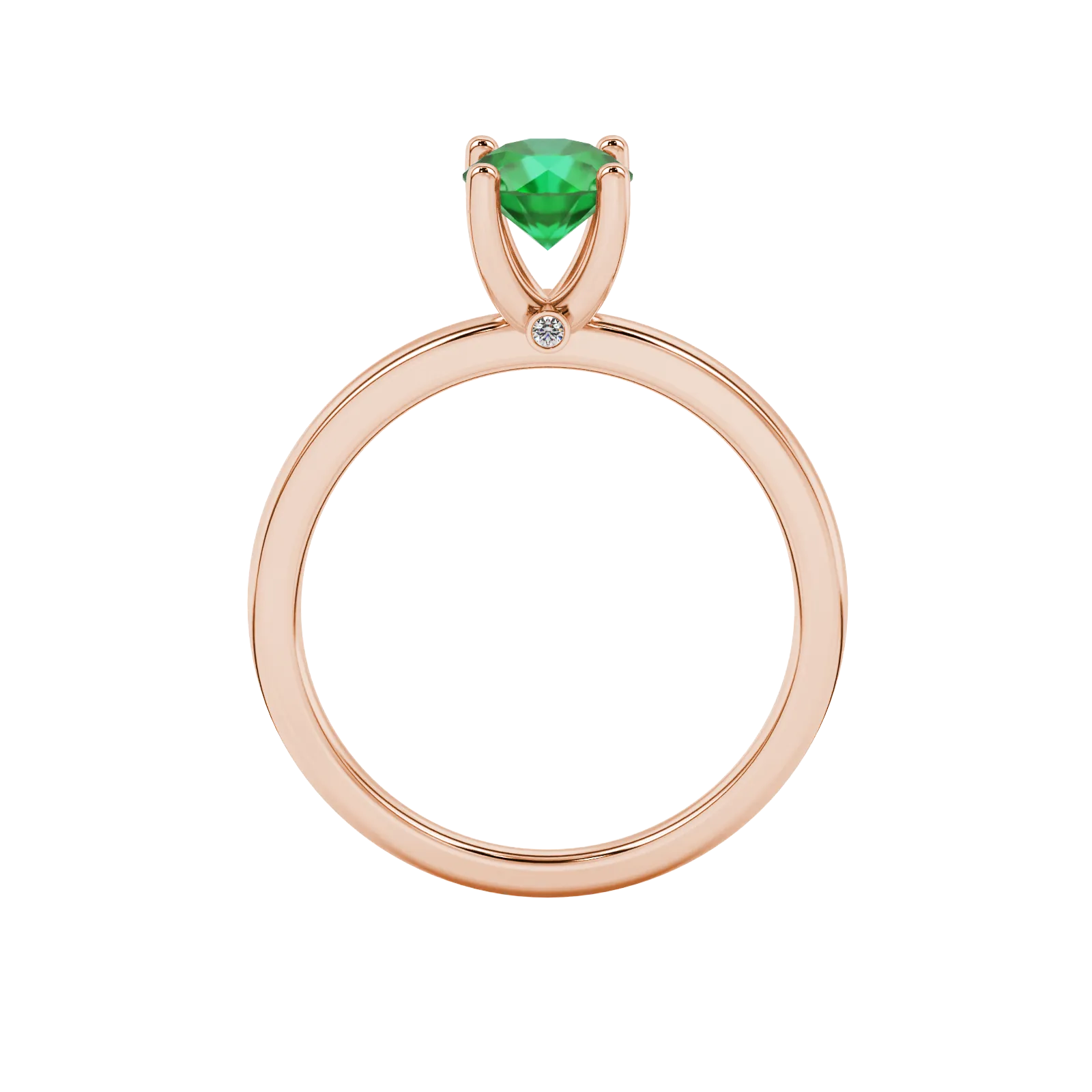 Round-cut emerald green gemstone solitaire ring in a rose gold surprise diamond setting.