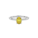 Close-up oval cut canary yellow gemstone ring, white gold six prong setting.