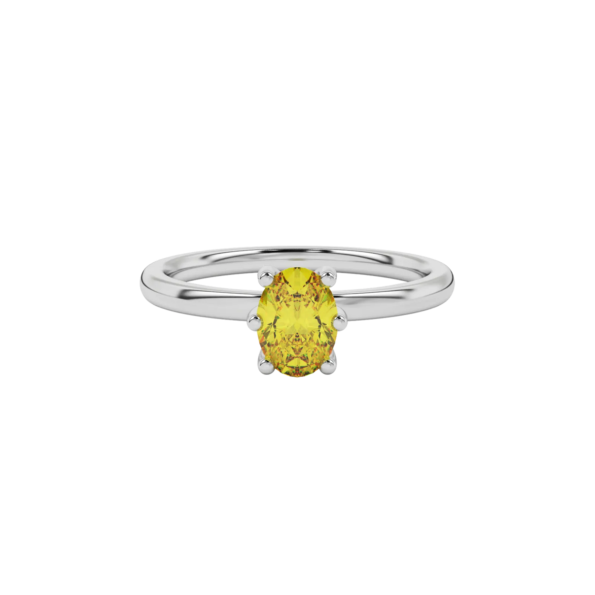 Close-up oval cut canary yellow gemstone ring, white gold six prong setting.
