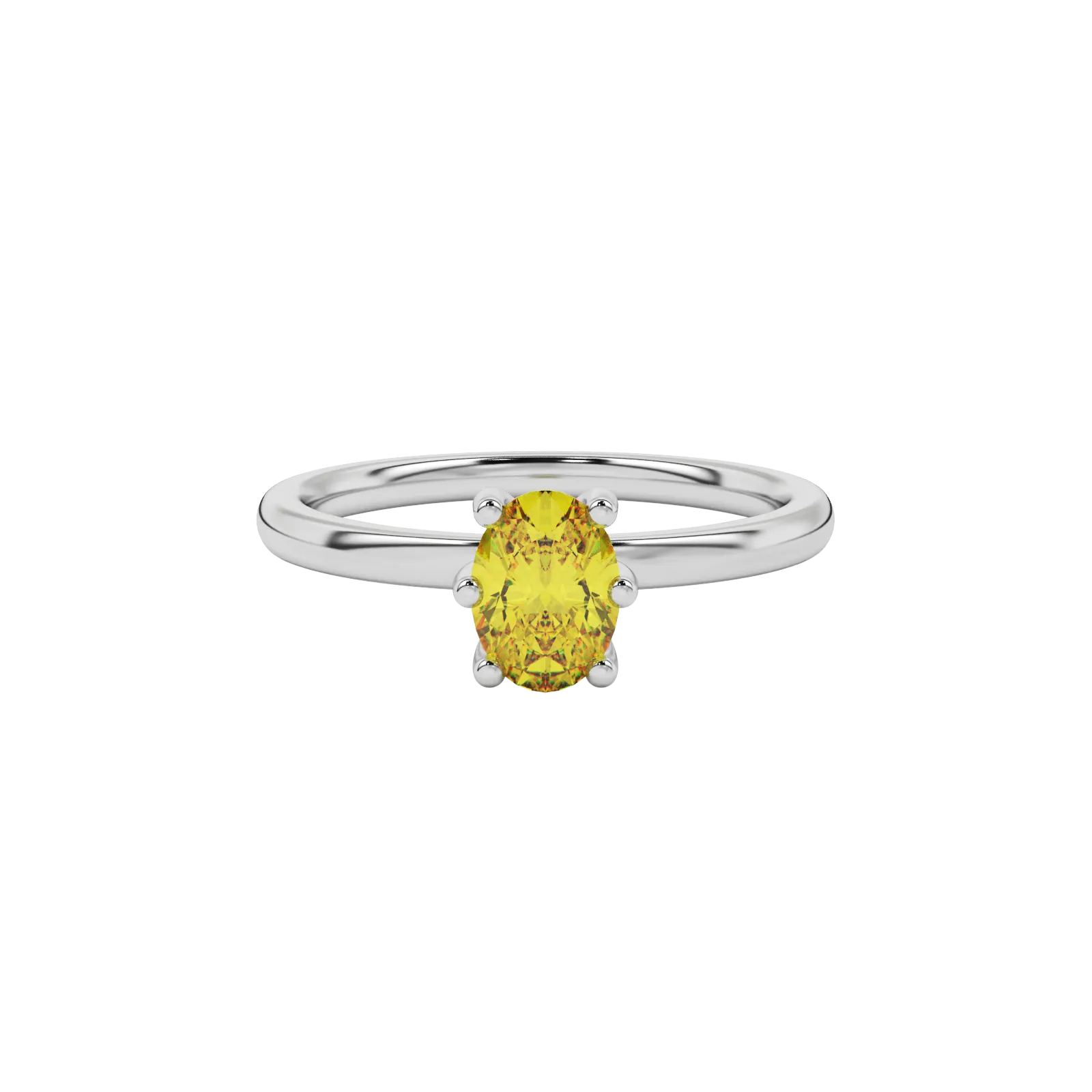 Close-up oval cut canary yellow gemstone ring, white gold six prong setting.
