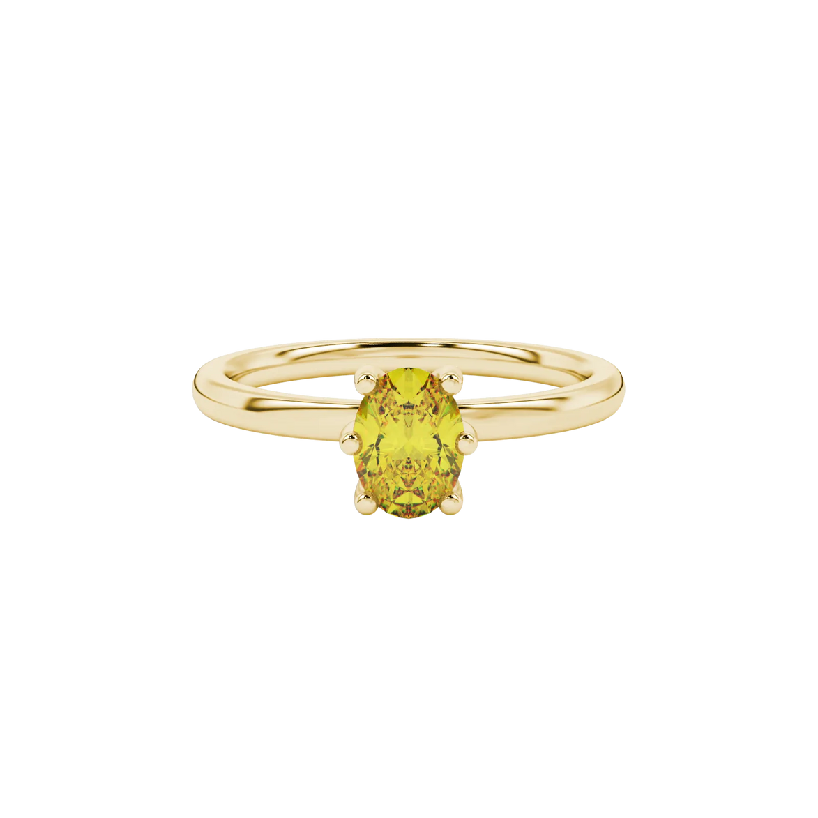 Close-up, oval cut canary yellow gemstone, yellow gold six prong ring.