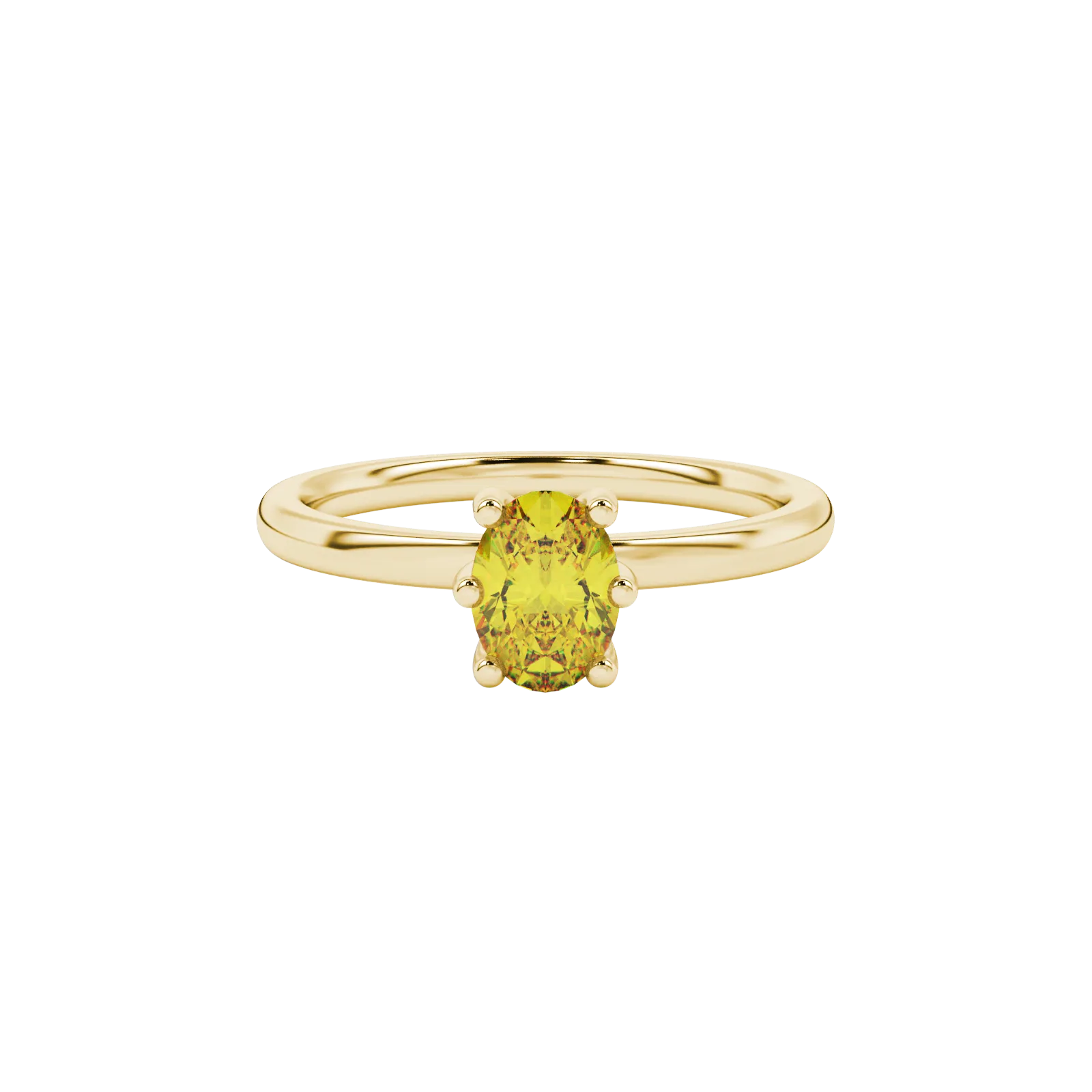 Close-up, oval cut canary yellow gemstone, yellow gold six prong ring.