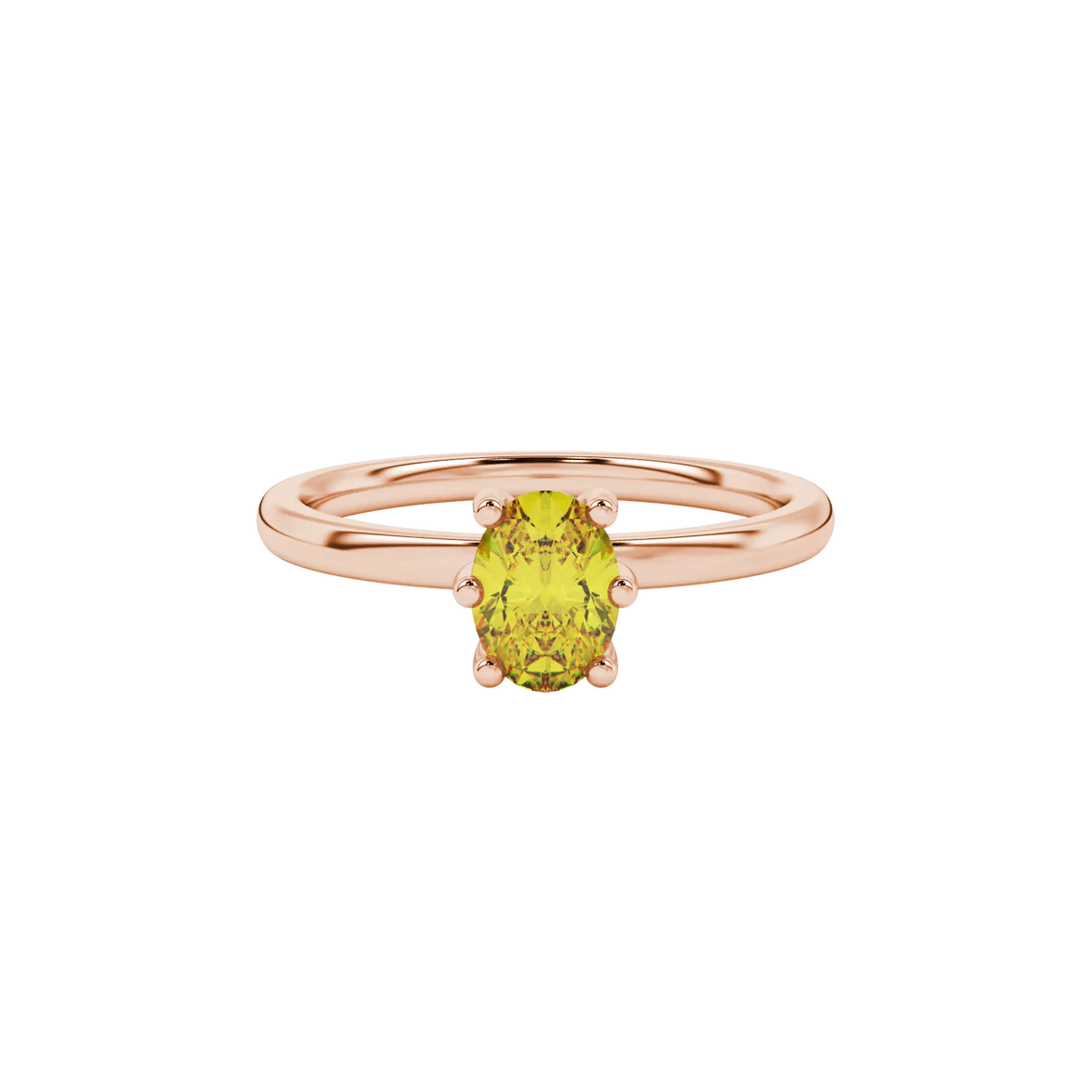 Close-up, oval cut canary yellow gemstone ring, rose gold six prong setting.