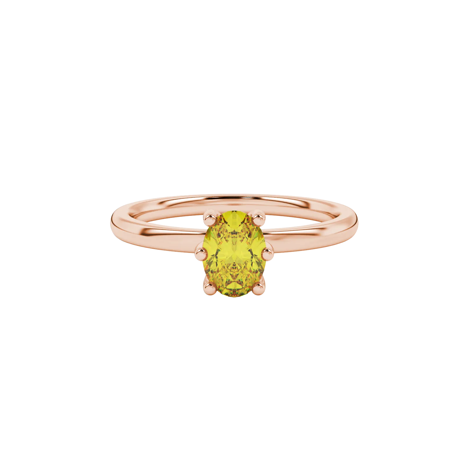 Close-up, oval cut canary yellow gemstone ring, rose gold six prong setting.