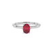 Close-up oval cut raspberry red gemstone ring, white gold six prong setting.