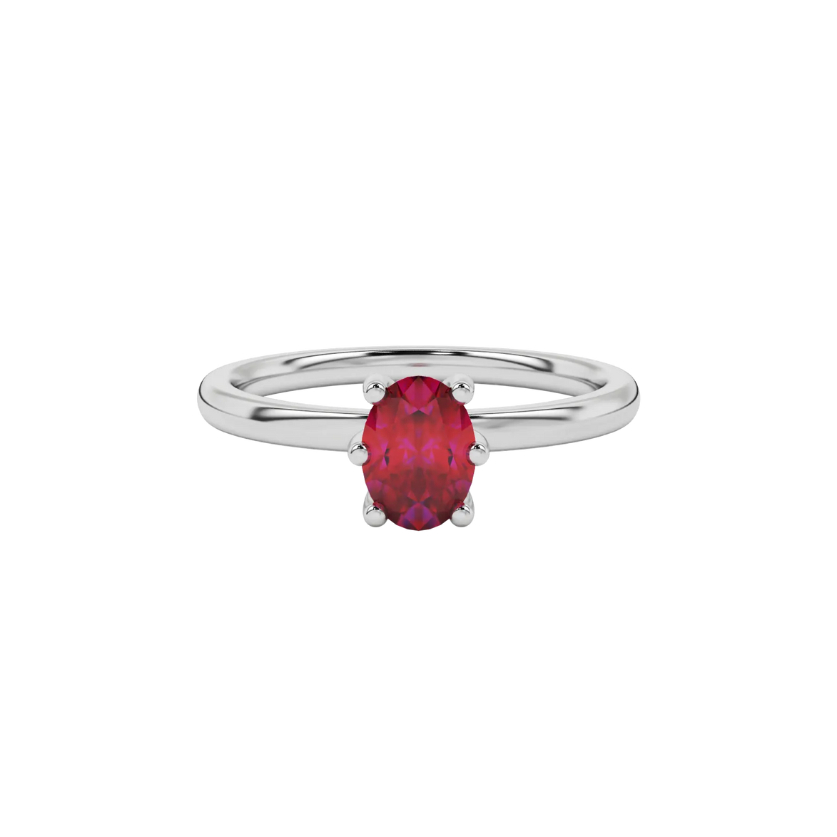 Close-up oval cut raspberry red gemstone ring, white gold six prong setting.