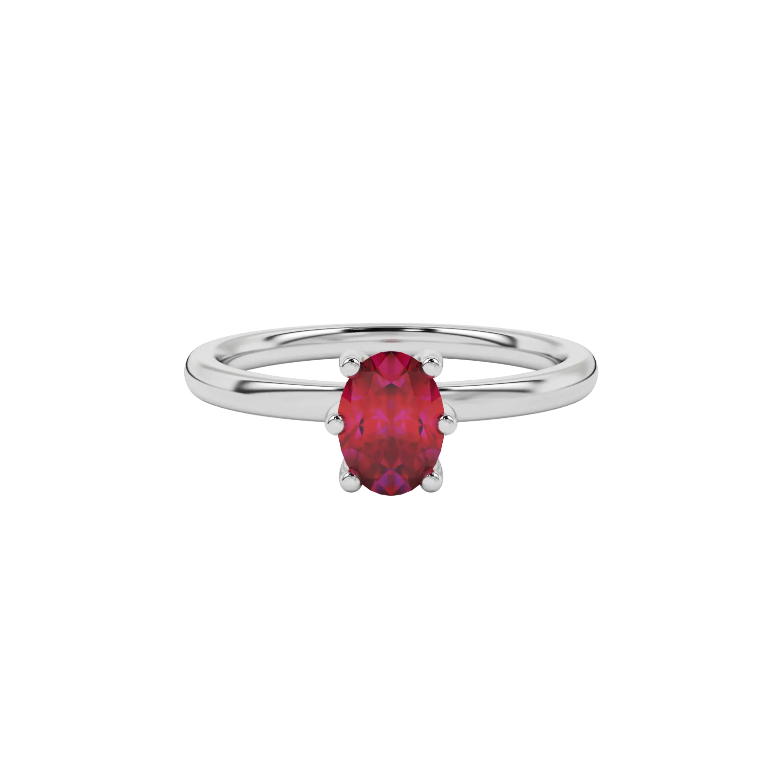 Close-up oval cut raspberry red gemstone ring, white gold six prong setting.