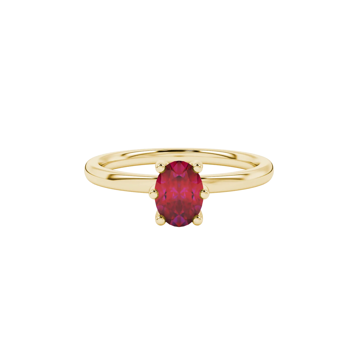 Close-up, oval cut raspberry red gemstone, yellow gold six prong ring.