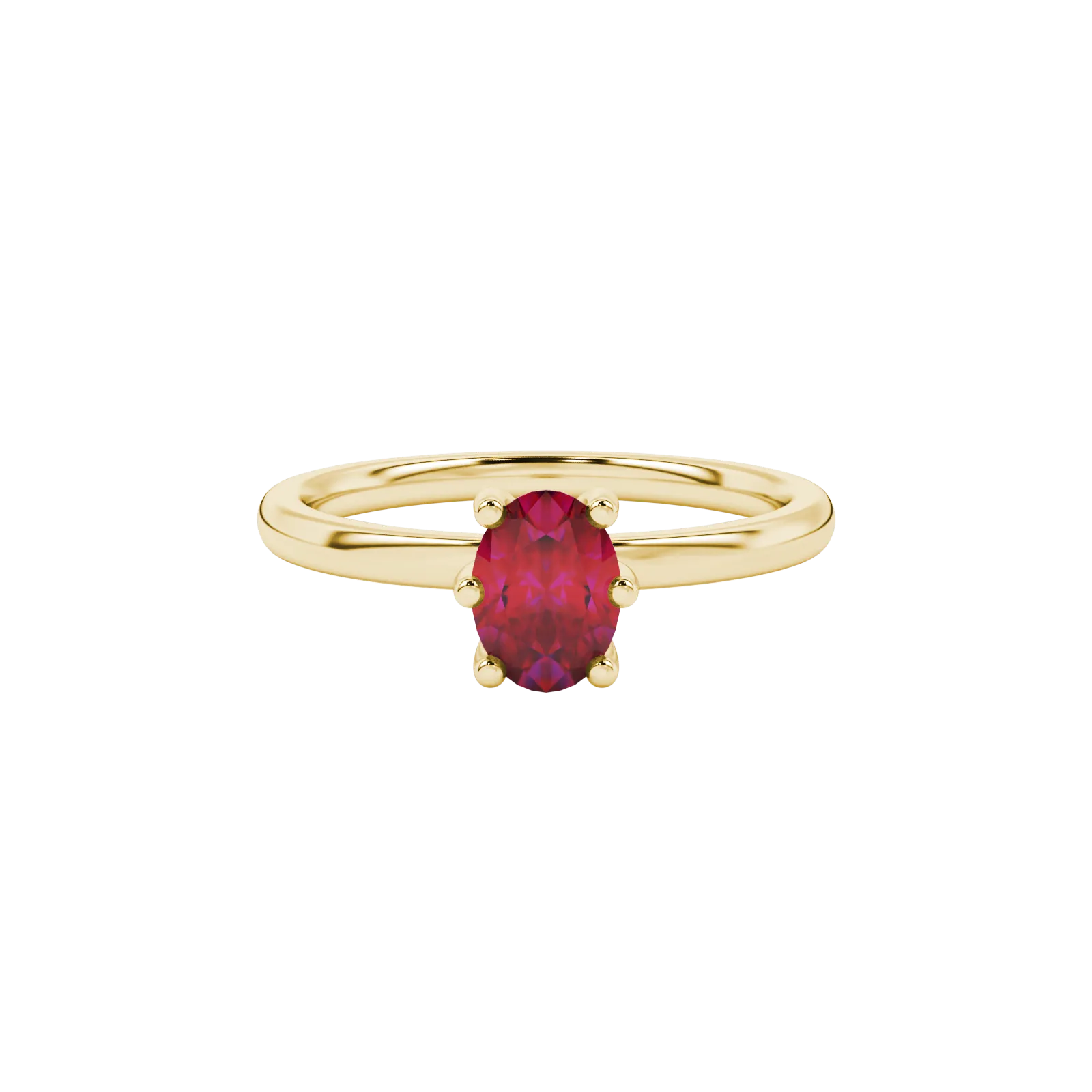Close-up, oval cut raspberry red gemstone, yellow gold six prong ring.
