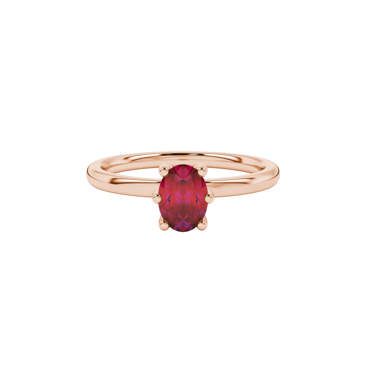 Close-up, oval cut raspberry red gemstone ring, rose gold six prong setting.