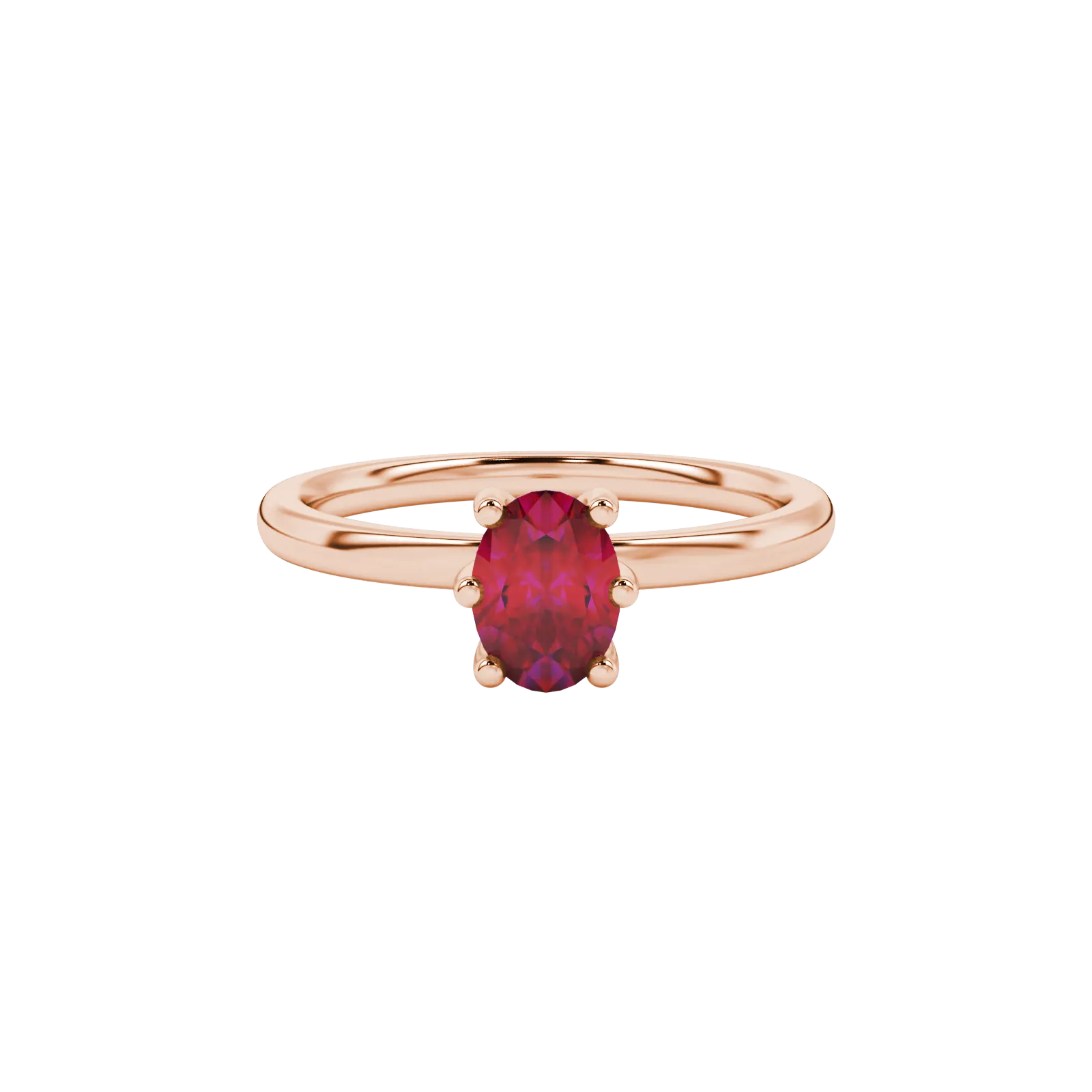 Close-up, oval cut raspberry red gemstone ring, rose gold six prong setting.