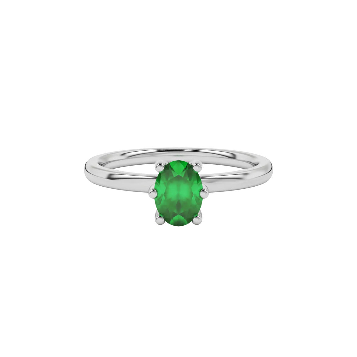 Close-up oval cut emerald green gemstone ring, white gold six prong setting.