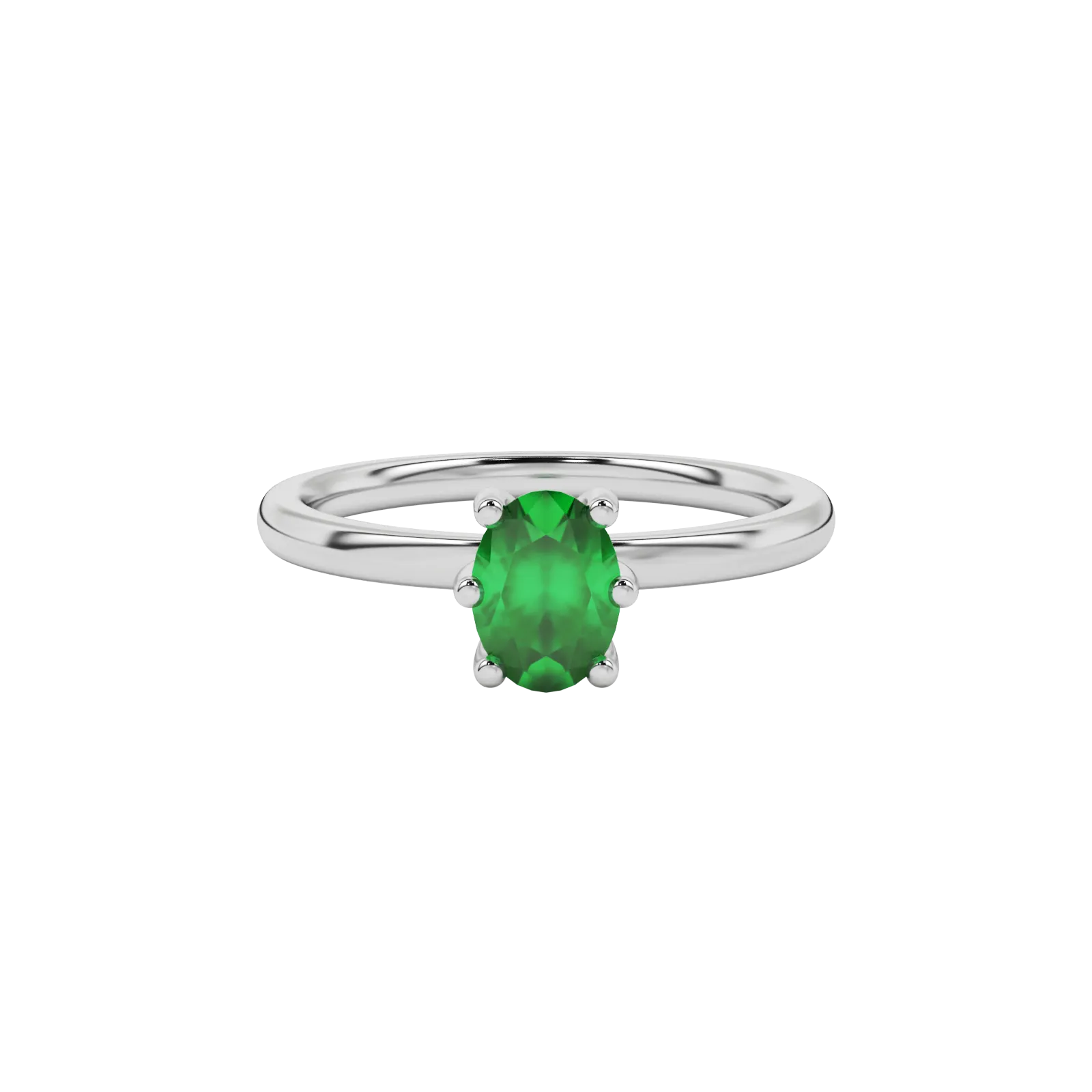 Close-up oval cut emerald green gemstone ring, white gold six prong setting.