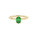Close-up, oval cut emerald green gemstone, yellow gold six prong ring.