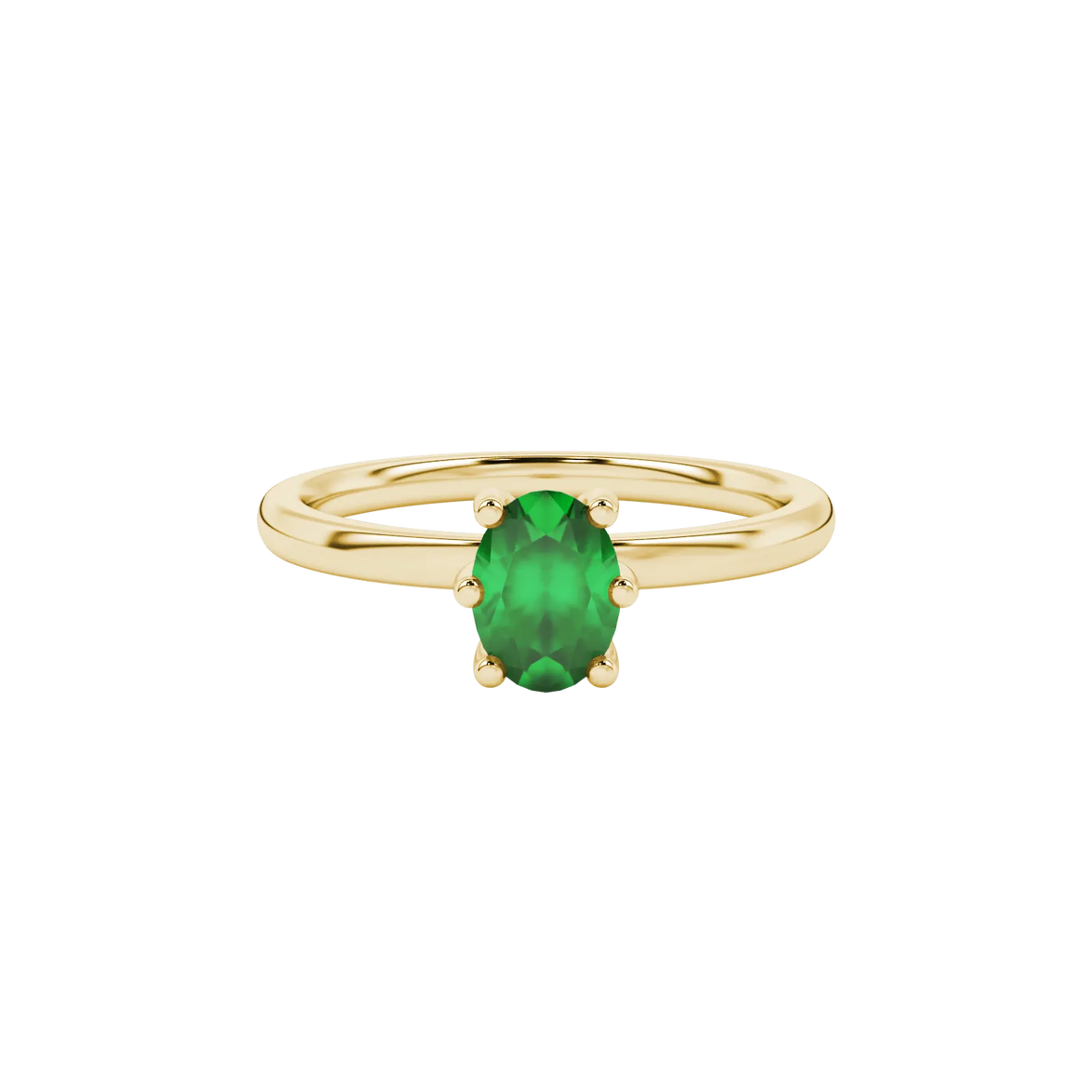 Close-up, oval cut emerald green gemstone, yellow gold six prong ring.