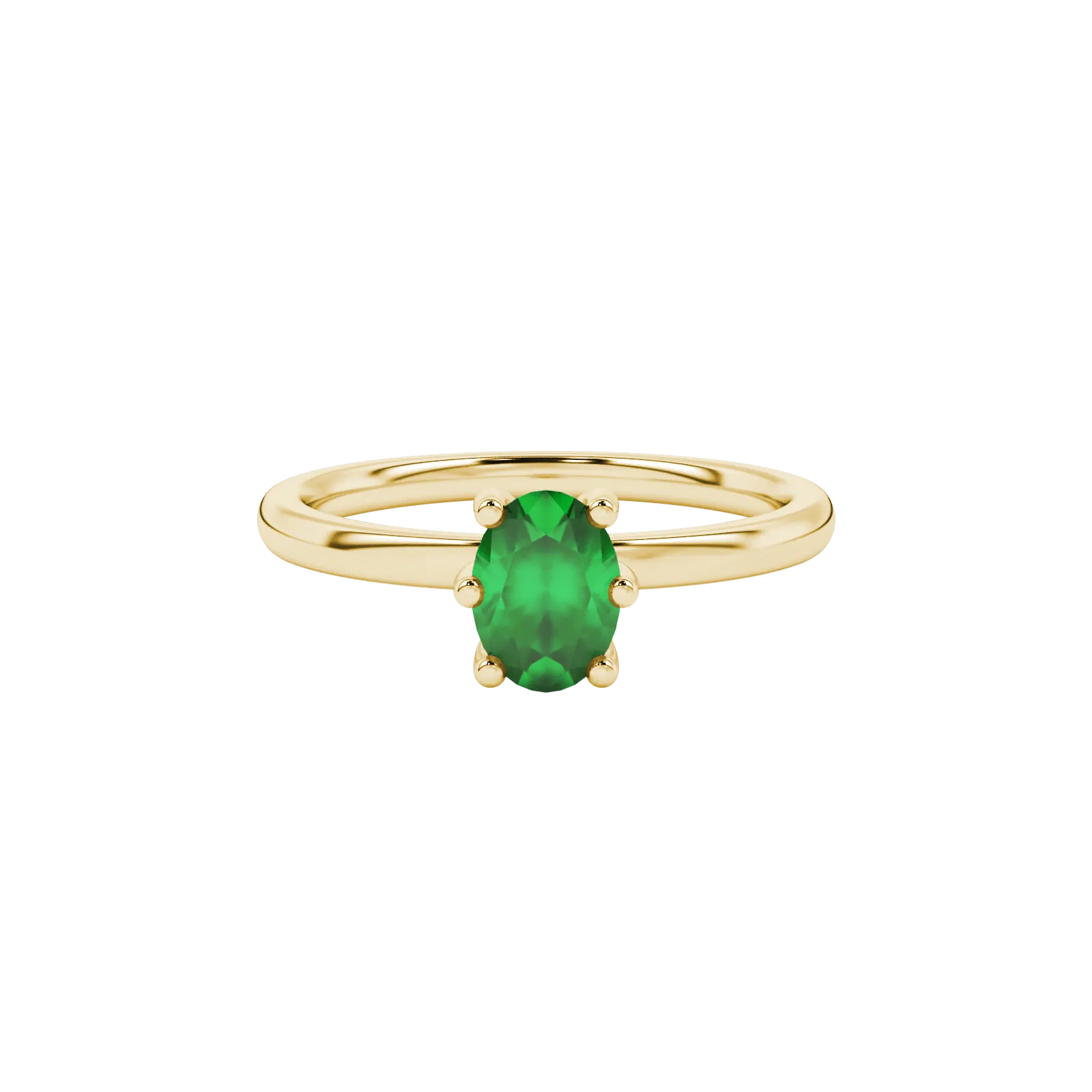 Close-up, oval cut emerald green gemstone, yellow gold six prong ring.