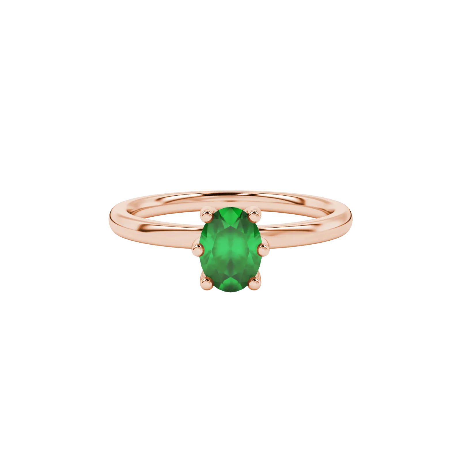 Close-up, oval cut emerald green gemstone ring, rose gold six prong setting.