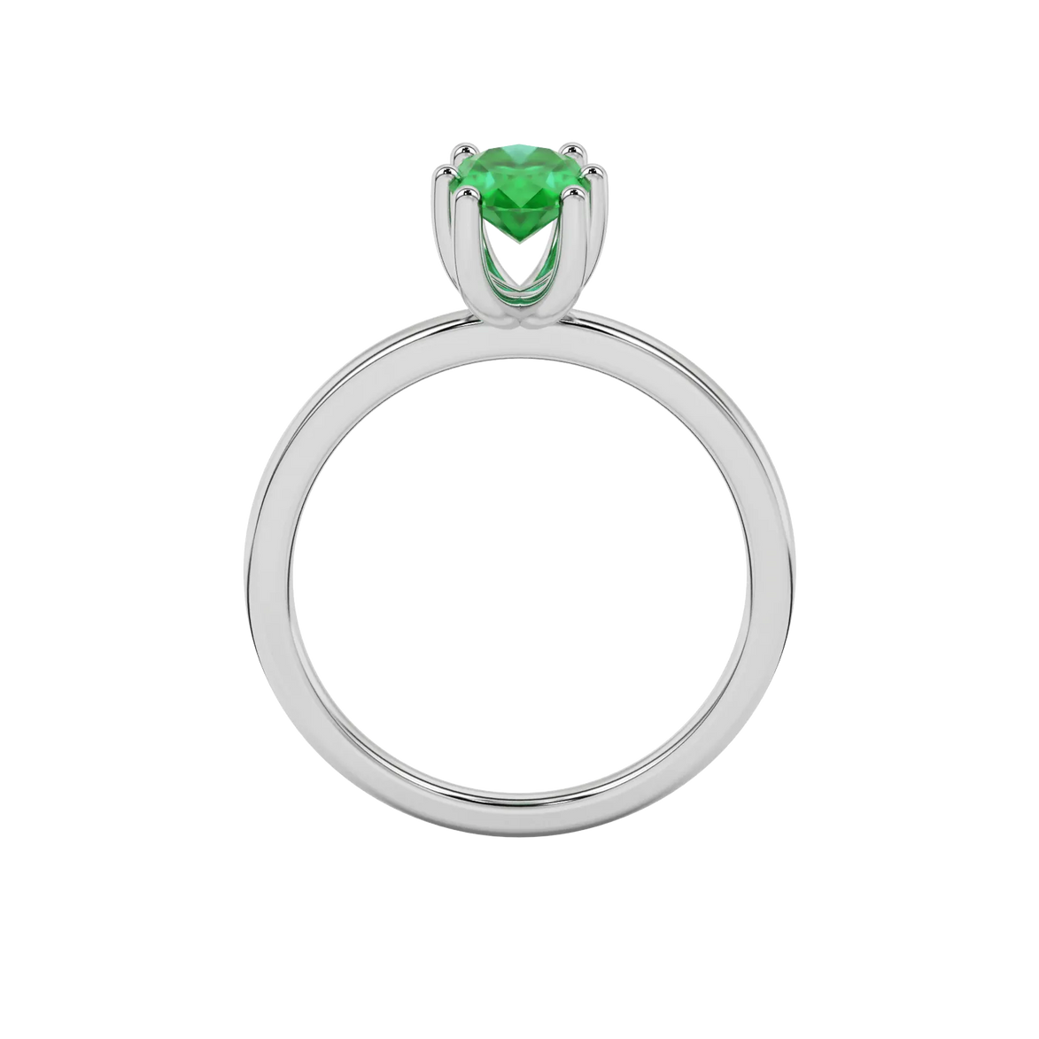 Oval cut emerald green gemstone ring, white gold six prong setting.