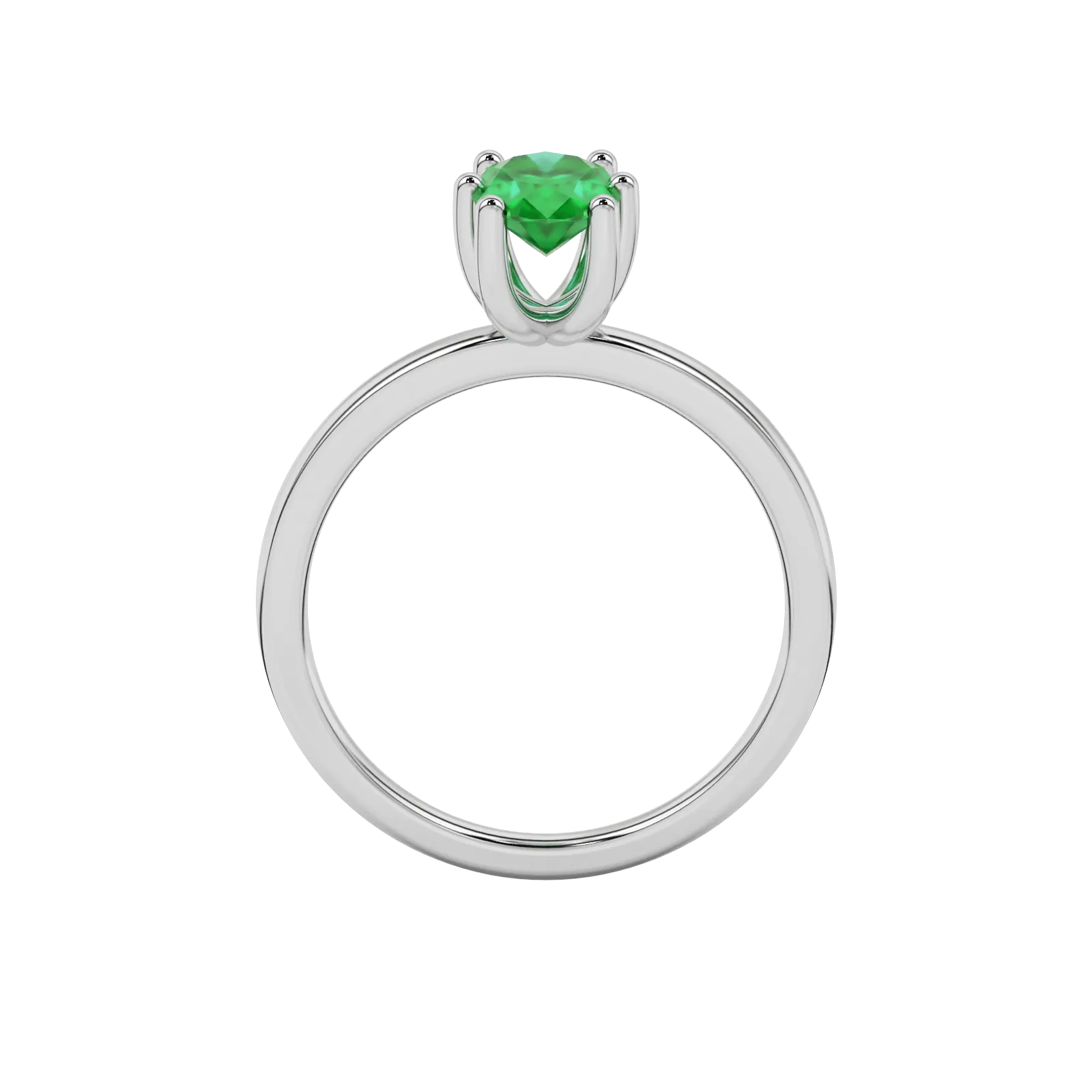 Oval cut emerald green gemstone ring, white gold six prong setting.