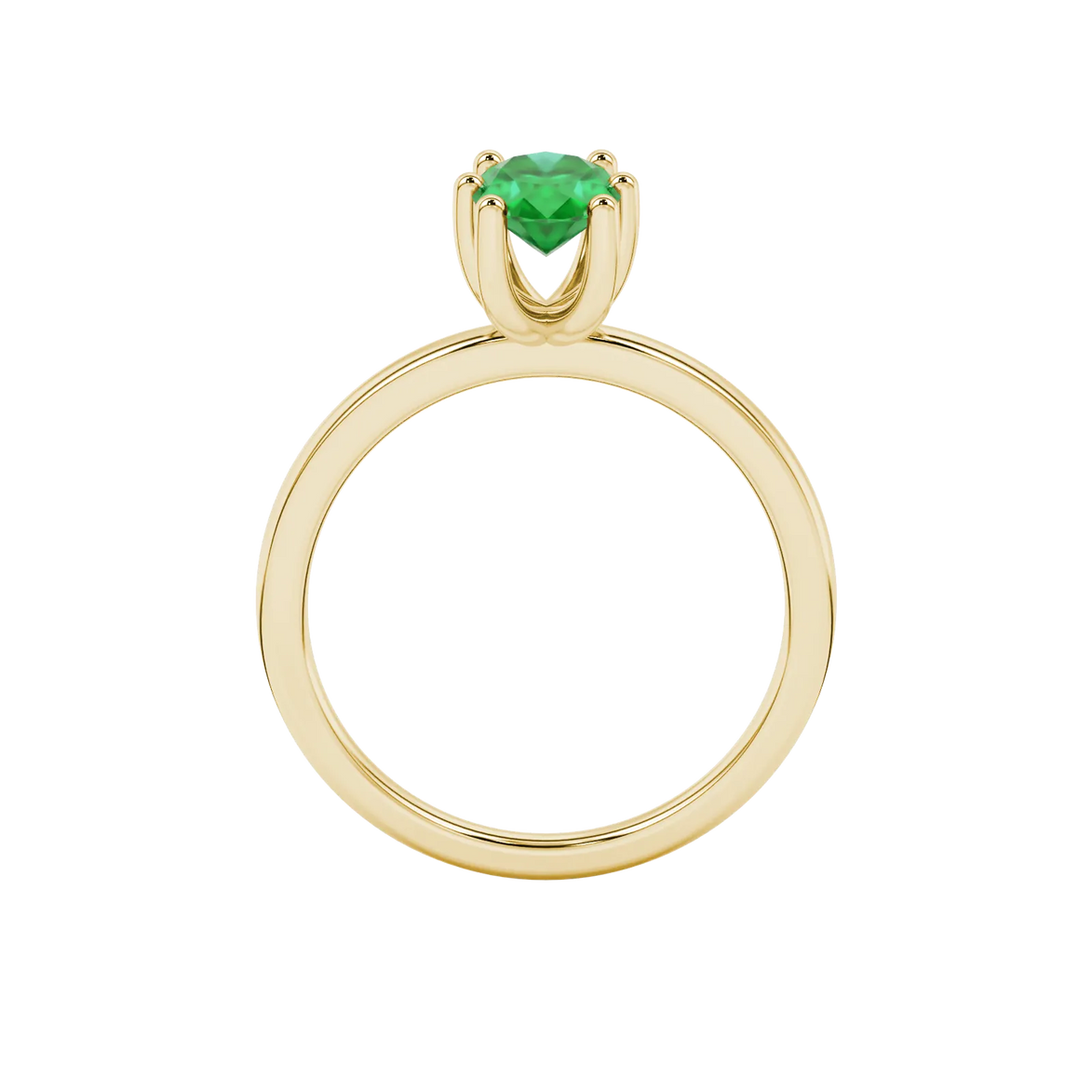 Oval cut emerald green gemstone ring, yellow gold six prong setting.