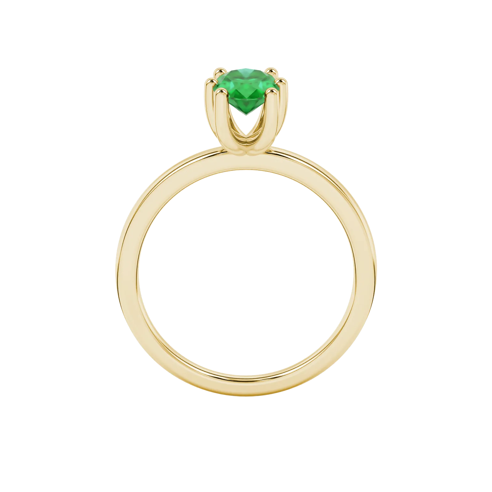 Oval cut emerald green gemstone ring, yellow gold six prong setting.