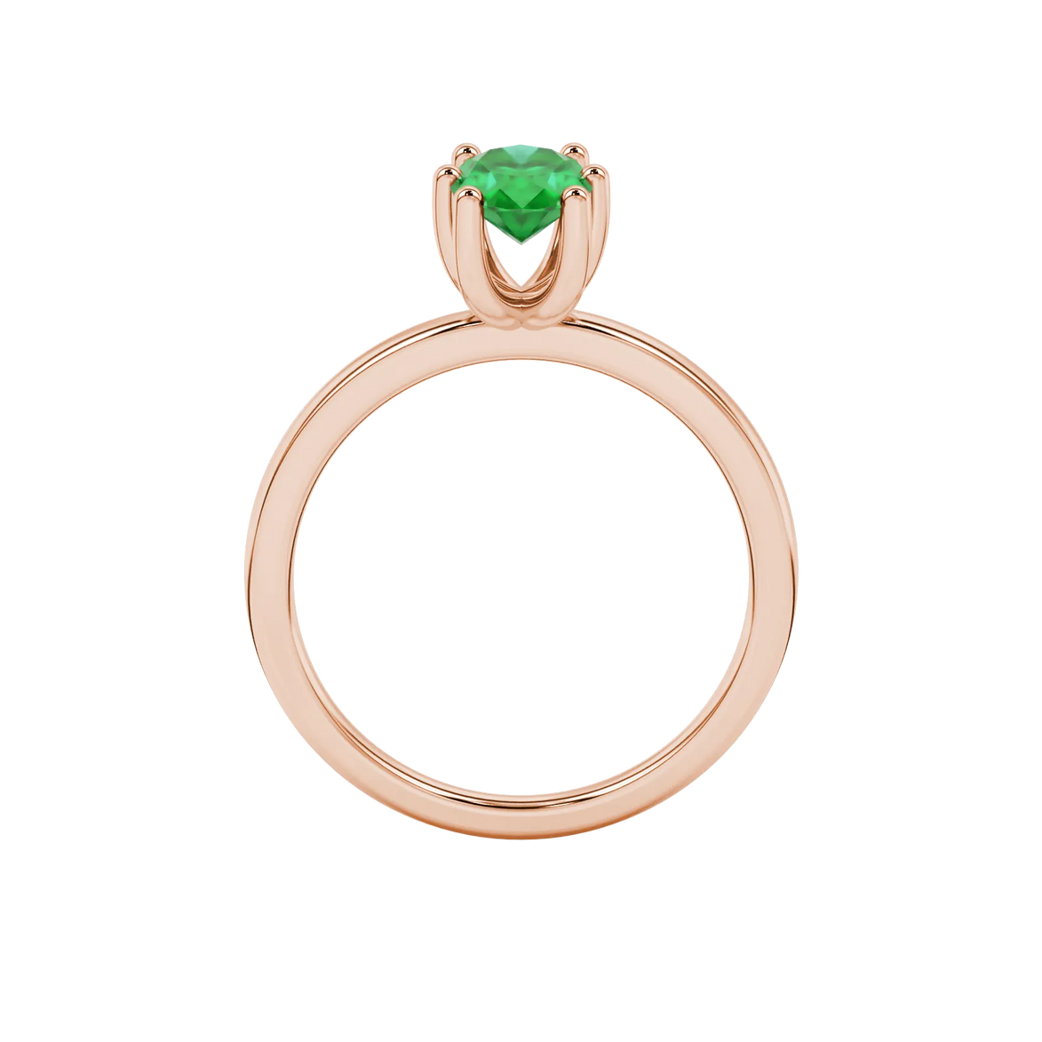 Oval cut emerald green gemstone ring, rose gold six prong setting.