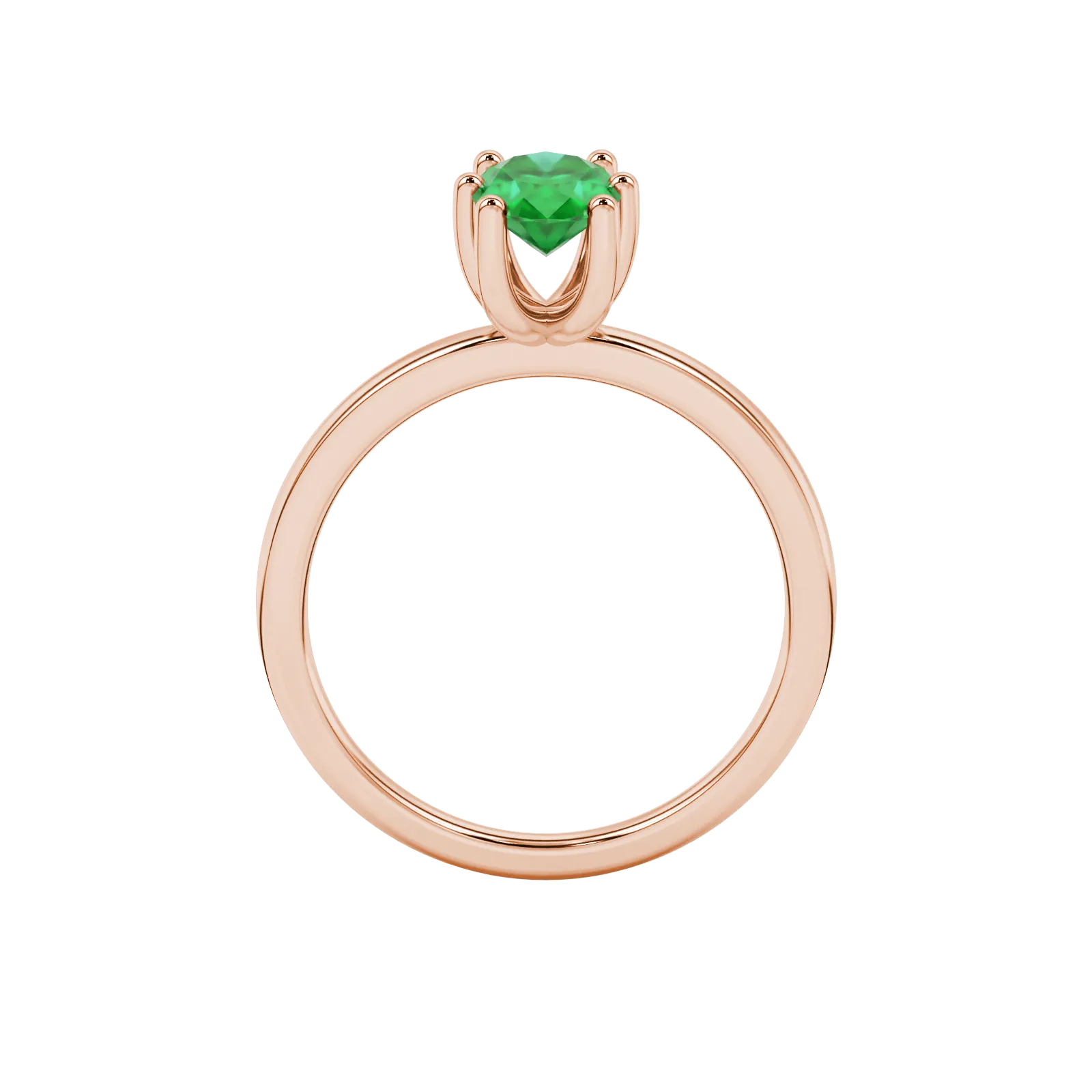 Oval cut emerald green gemstone ring, rose gold six prong setting.