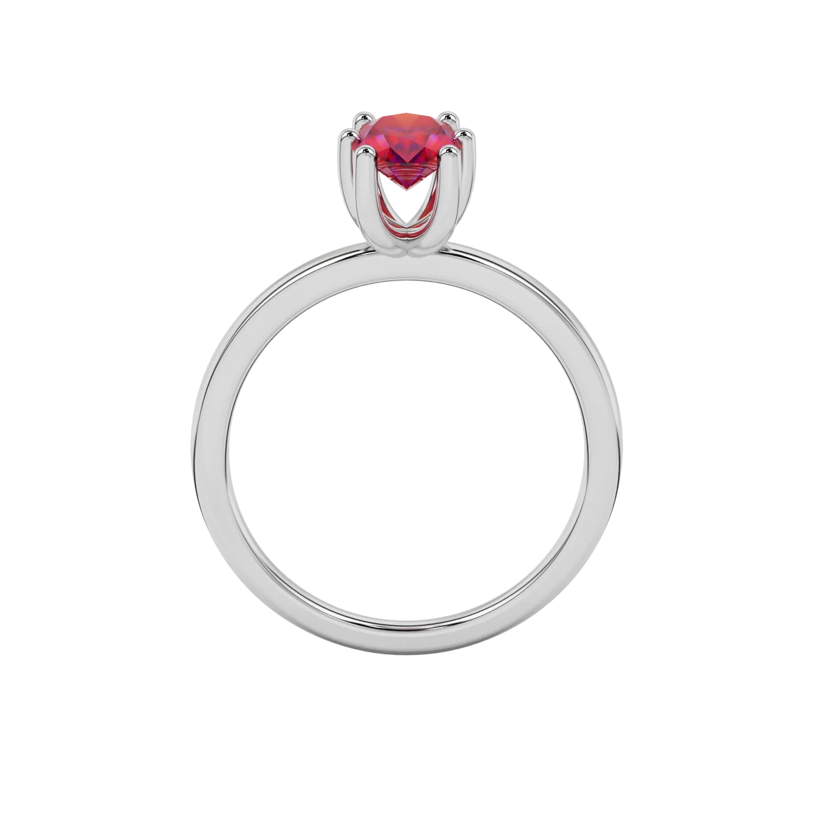 Oval cut raspberry red gemstone ring, white gold six prong setting.