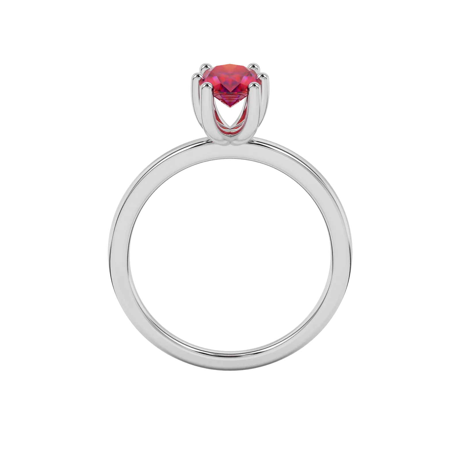 Oval cut raspberry red gemstone ring, white gold six prong setting.