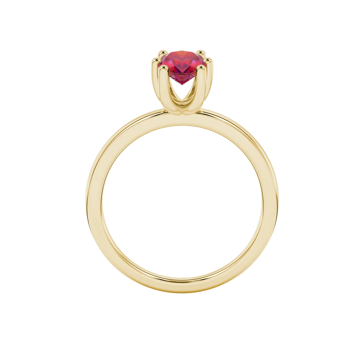 Oval cut raspberry red gemstone ring, yellow gold six prong setting.