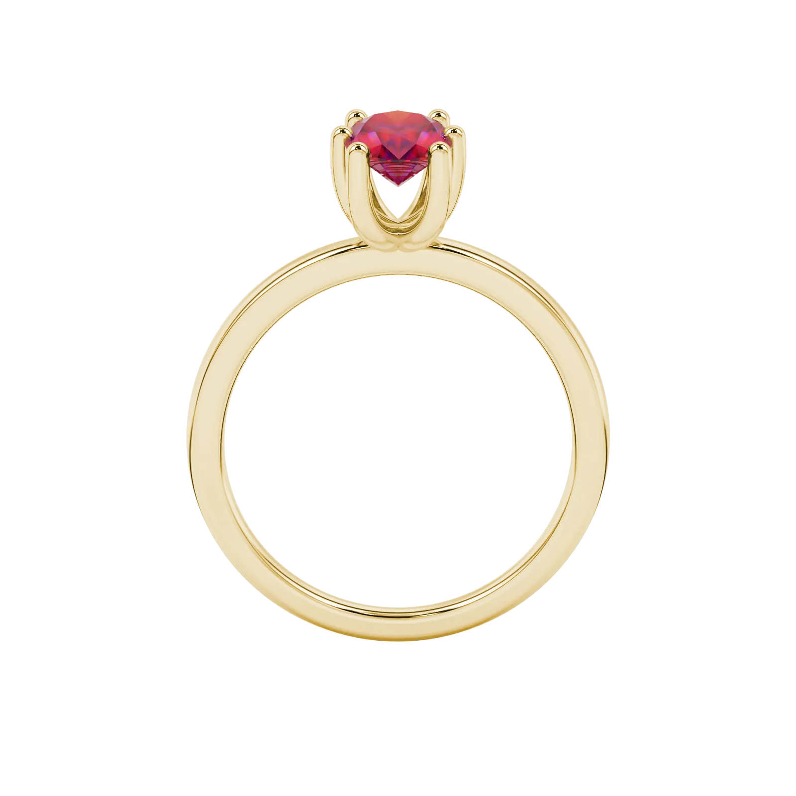 Oval cut raspberry red gemstone ring, yellow gold six prong setting.