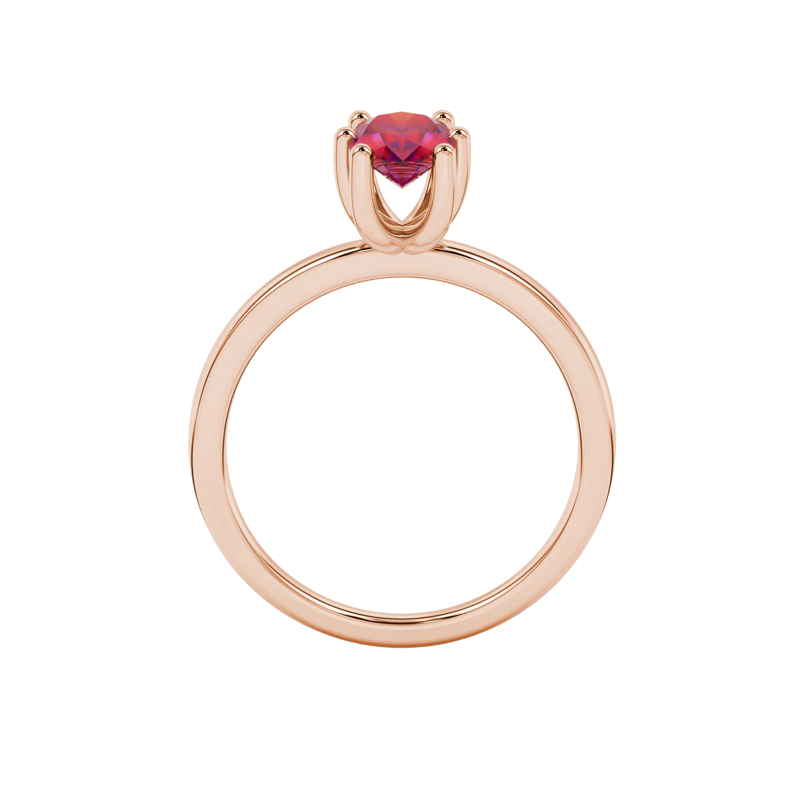 Oval cut raspberry red gemstone ring, rose gold six prong setting.