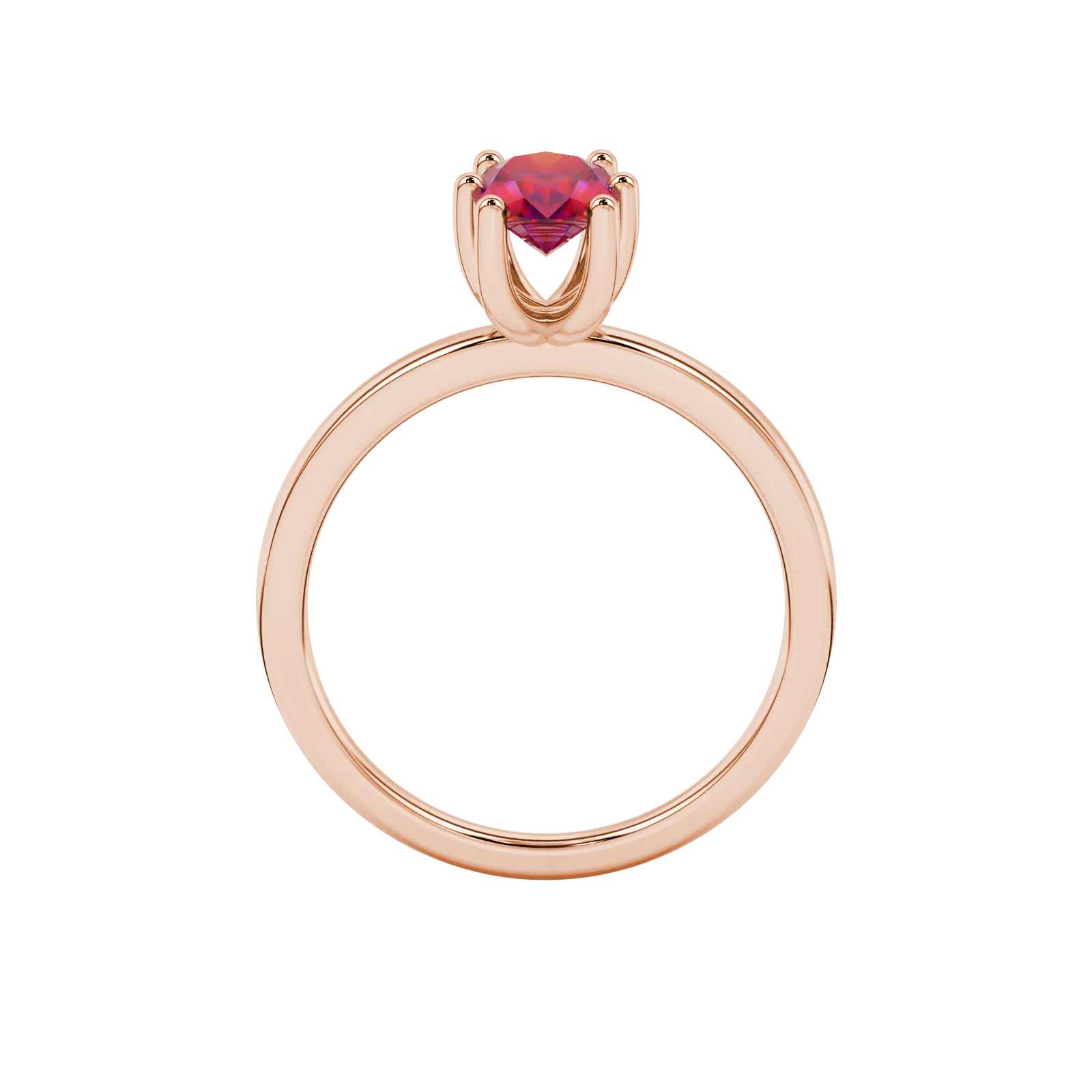 Oval cut raspberry red gemstone ring, rose gold six prong setting.