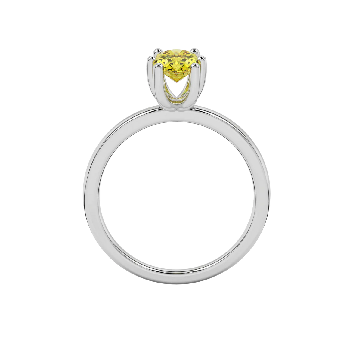Oval cut canary yellow gemstone ring, white gold six prong setting.