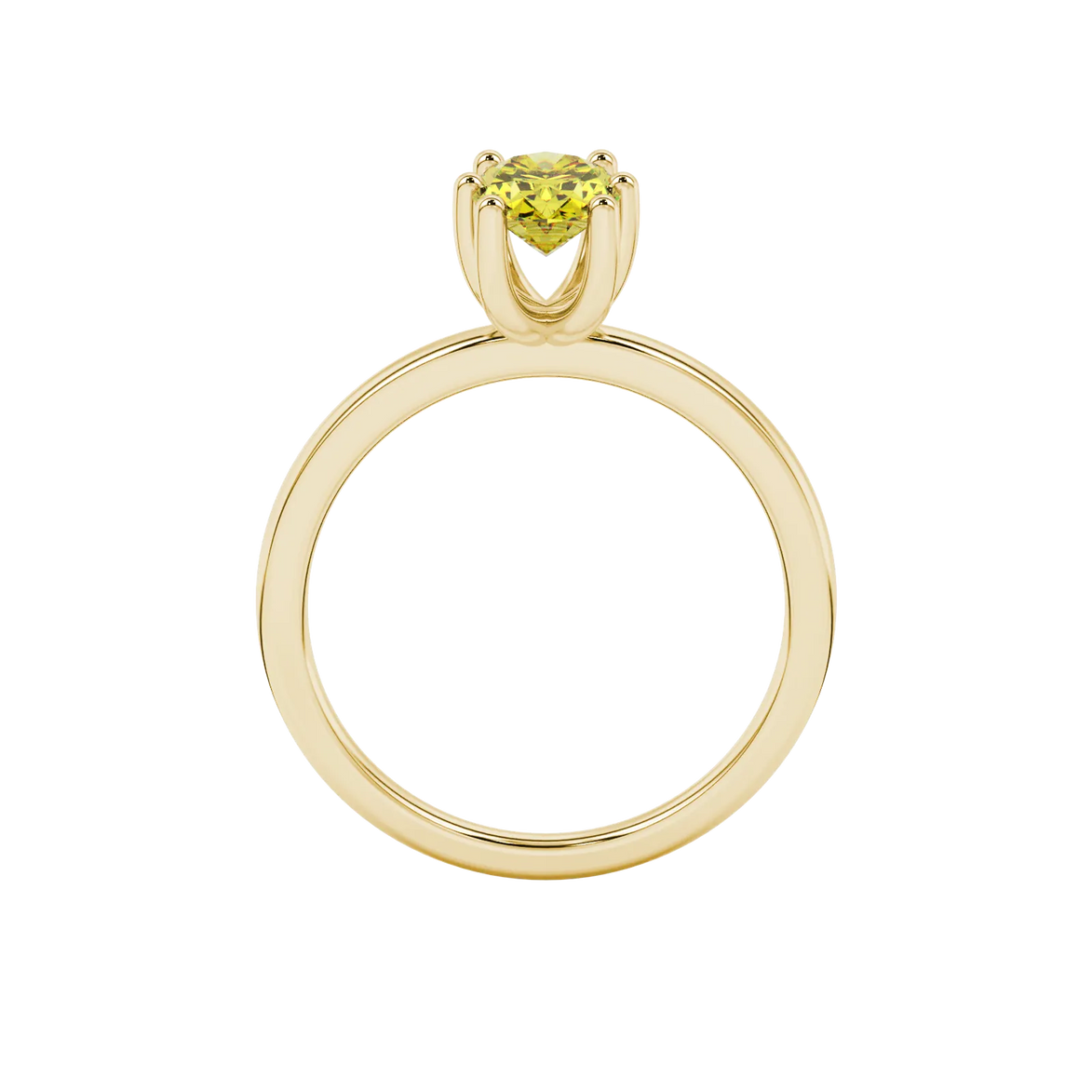 Oval cut canary yellow gemstone ring, yellow gold six prong setting.