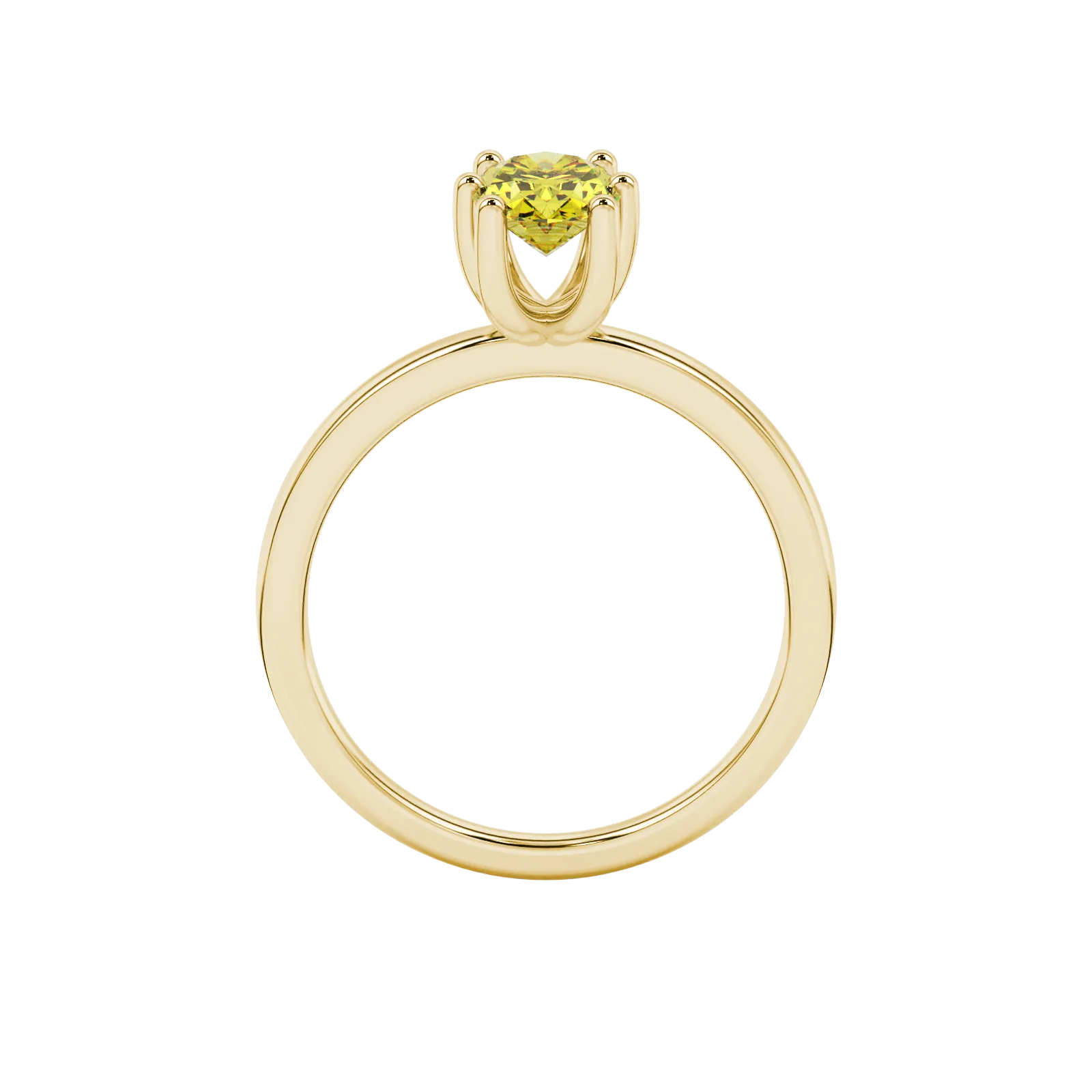 Oval cut canary yellow gemstone ring, yellow gold six prong setting.