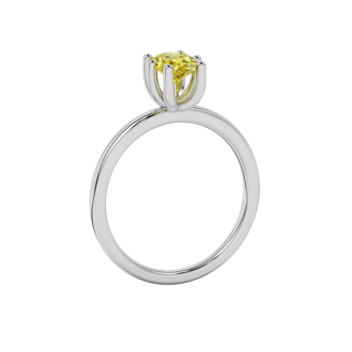Side profile, white gold canary yellow ring, six prong gallery.