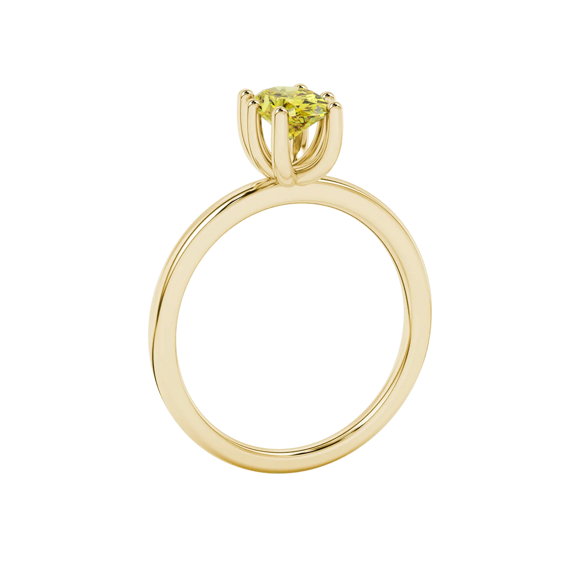Side profile, yellow gold canary yellow ring, six prong gallery.