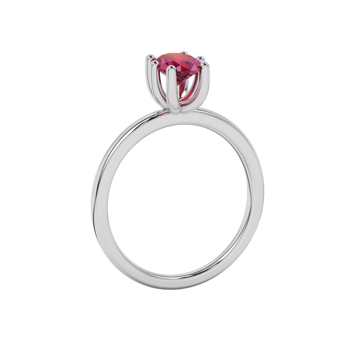 Side profile, white gold raspberry red ring, six prong gallery.