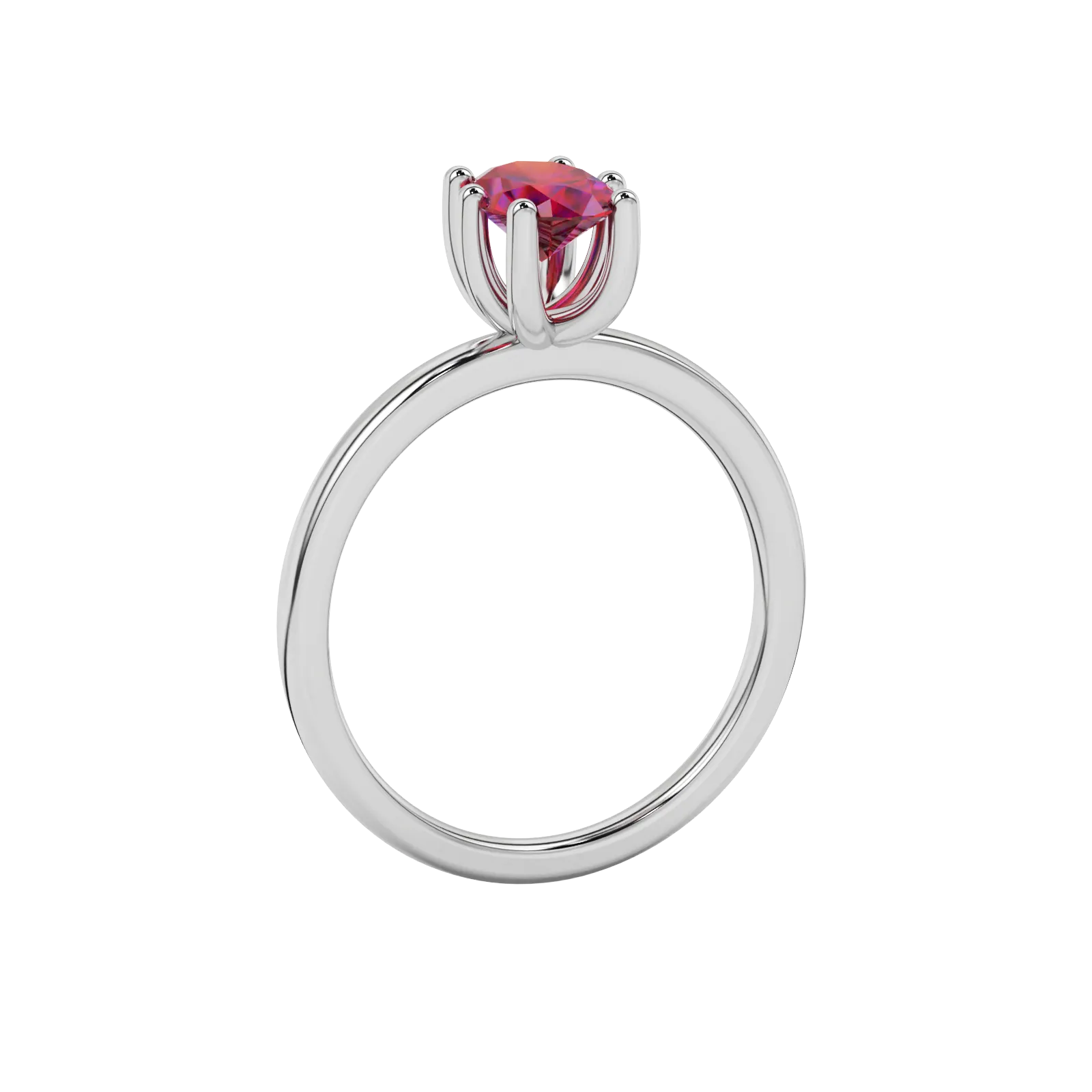 Side profile, white gold raspberry red ring, six prong gallery.