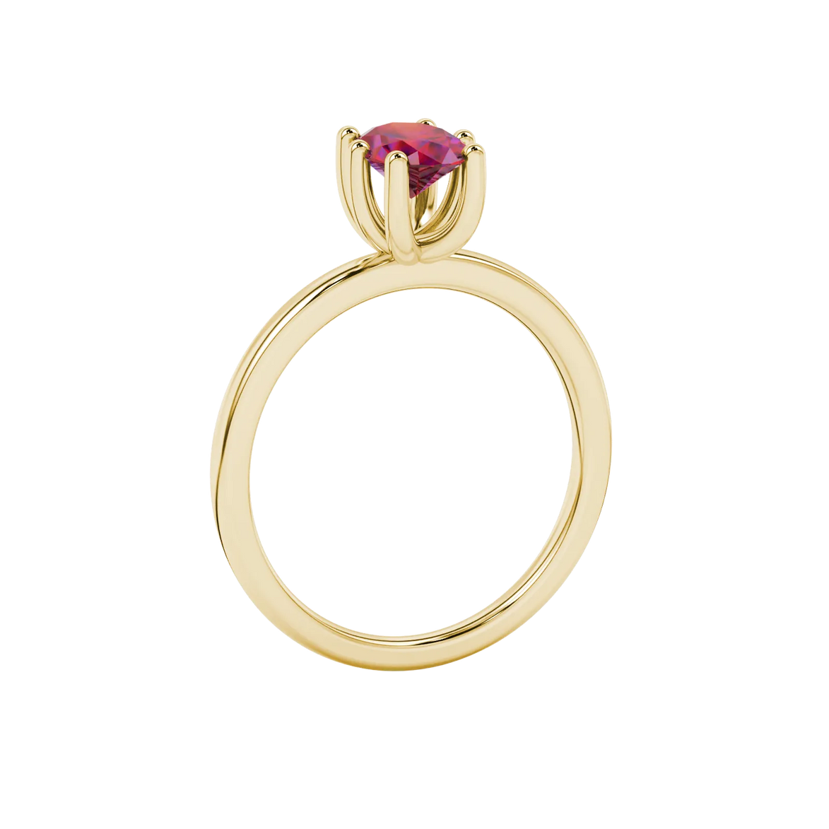 Side profile, yellow gold raspberry red ring, six prong gallery.