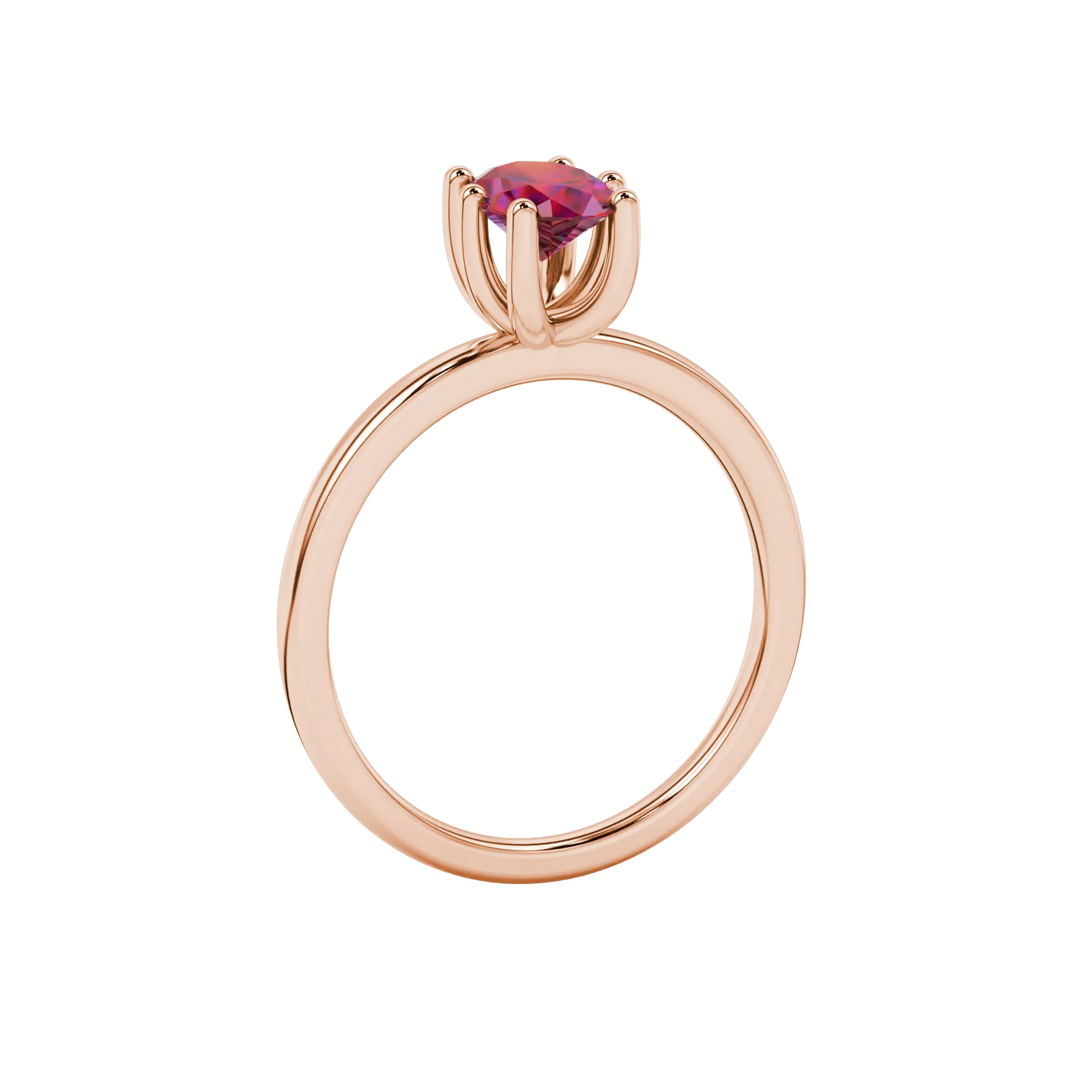 Side profile, rose gold raspberry red ring, six prong gallery.